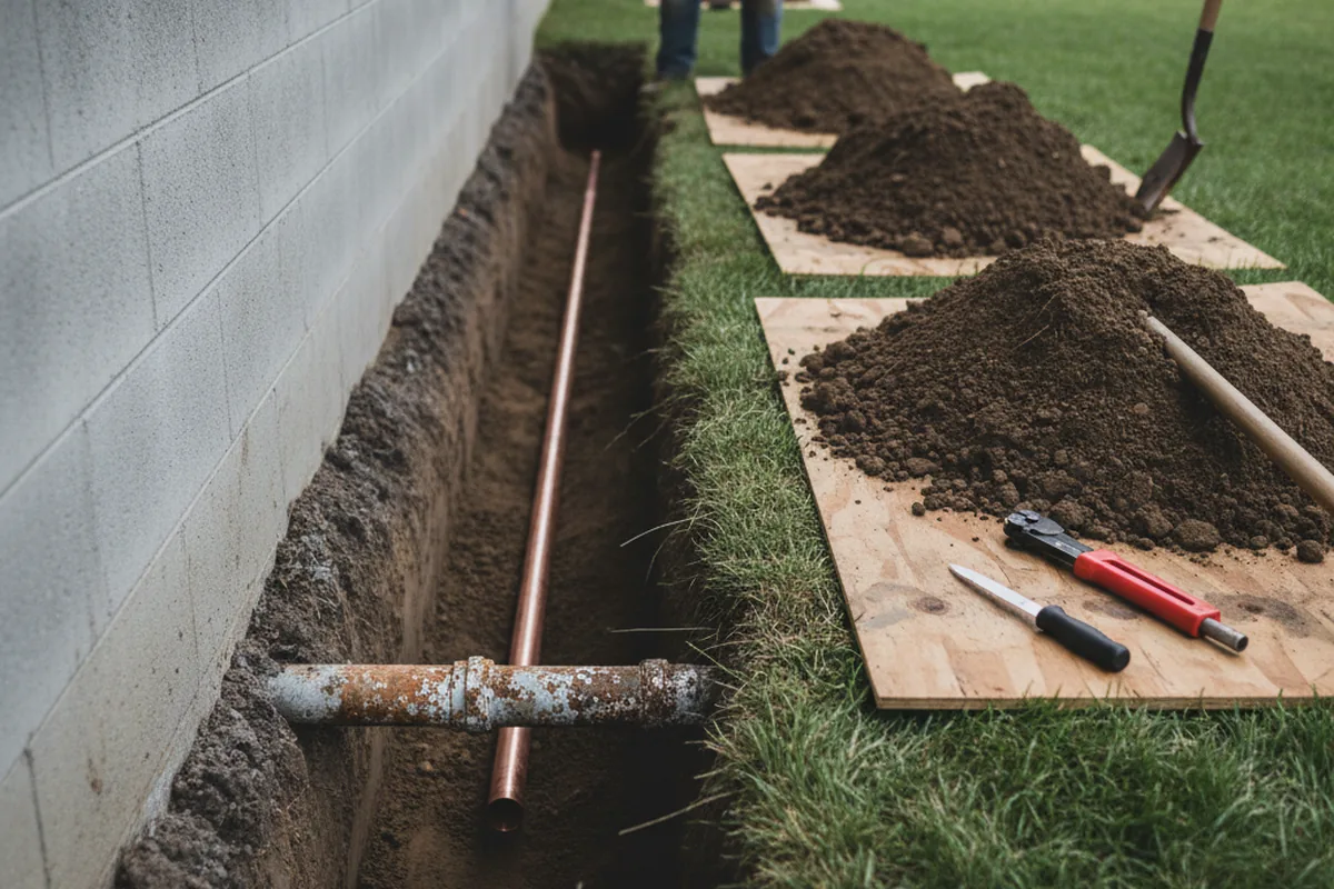 Excavated water line trench during Water Heater Repair in Grays River